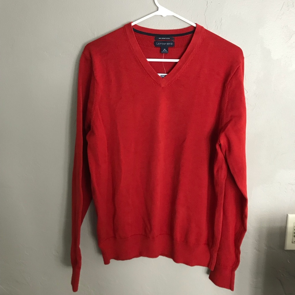 🆕 Lands’ End Men’s Red V-Neck Sweater